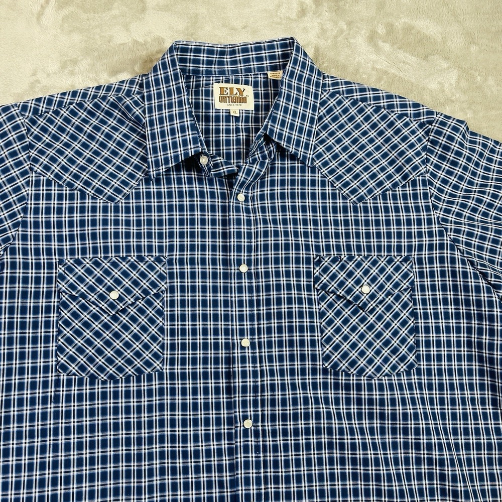 Vintage‎ Ely Cattleman Pearl Snap Shirt Mens X-Large Blue Plaid Western Casual - Picture 2 of 5